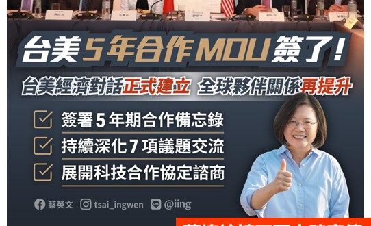 【台美５年合作ＭＯＵ簽了－請問這是在高調什麼！】
總統蔡英文今（21）日表示，「台美5年合作MOU簽了！」
透過這場對話...