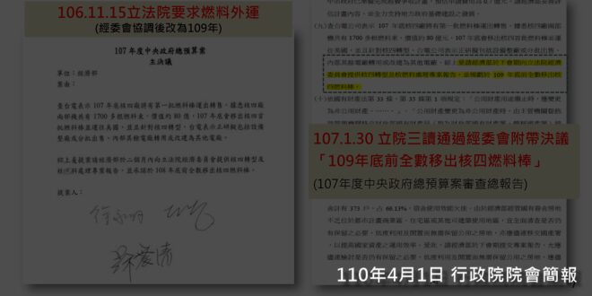 【行政院自爆：核四燃料棒送出只是徐永明提的附帶決議！】

2021年4月1日行政院會後記者會，官方終於承認核四燃料棒送出是經濟委員會附帶決議，謊稱「立院三讀通過...