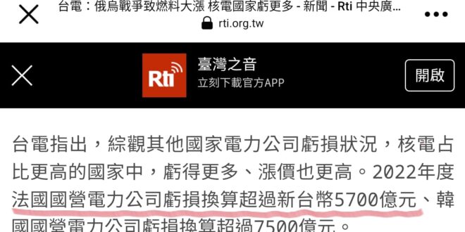 台電：核電多的國家因俄烏戰爭虧損更多。
 法廣：因俄烏戰爭燃料漲價，歐洲各國正打算增加核電佔比，法國將重啟故障核電廠。
...