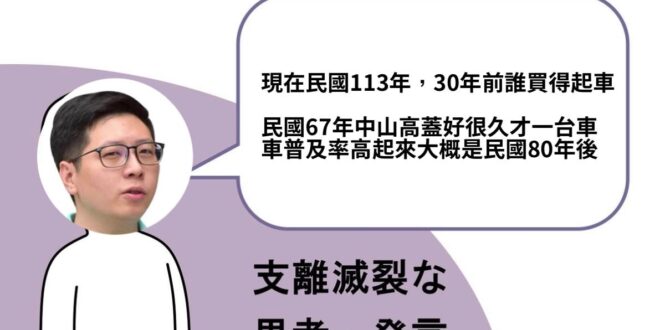 一下在2024(民國113年)說30年前(民國83年)買不起車
 一下又說台灣車輛普及率高起來是民國80年後的事
 嗯⋯...