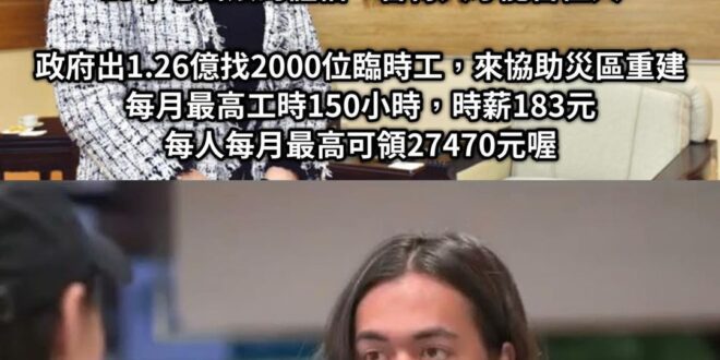 找人協助災區重建 然後給最低基本薪資⋯⋯
 啊哈哈哈 勞動部真幽默 對吧？