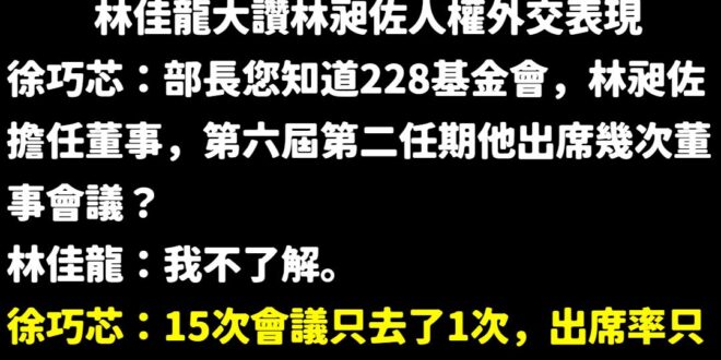 15次會議只去1次，出席率6.7%。

請問林昶佐去芬蘭會認真上班嗎？

笑死，還人權外交很優秀，228都不關心了。