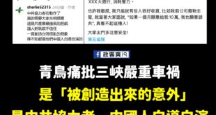 原來車禍是「被創造出來的意外」，都是中共協力者自導自演。

已經破案了，青鳥同溫層堪稱人均柯南。