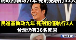 馬政府執政8年 死刑犯執行33人

民進黨執政9年 死刑犯只執行3人，尚有36人未執行，還有36個期盼還給受害者公道的家...