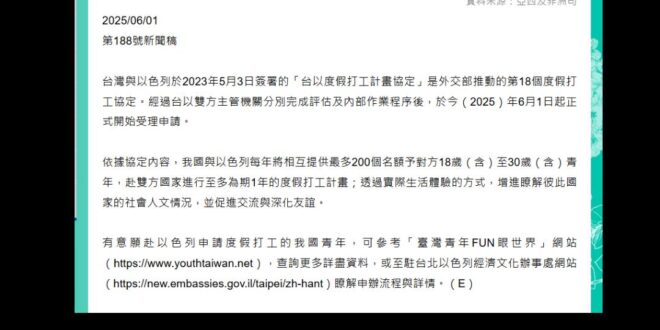 還有人要體驗以色列的戰爭風情嗎？

外交部官方網站忘了刪「鼓勵去以色列打工度假」的新聞稿，大家仍可以報名展開全新的冒險！…