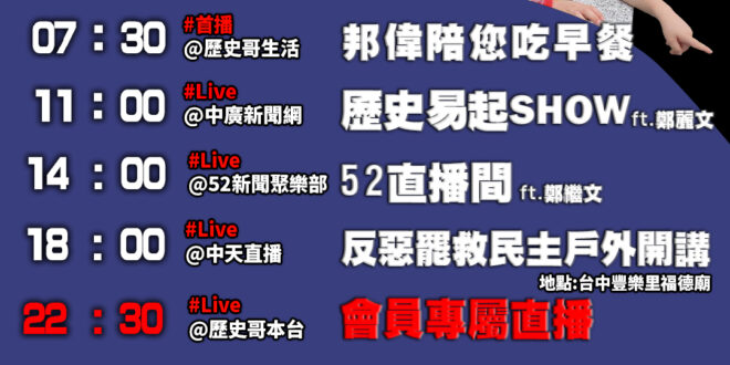 【7/16(三)歷史哥李易修忙什麼？】

07:30 圓夢 終於載阿公來萬華高爾夫球練習場了 偉偉腳踏車加入再生能源

…