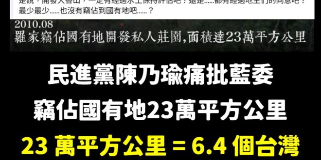 太神啦，羅明才居然有6個台灣大小的土地

民進黨陳乃瑜根本數學天才！

按照她的計算方式，23萬平方公里，這土地面積大到…
