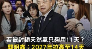 龔明鑫表示，希望先達成14天目標在來想其他。

【若被封鎖天然氣只夠用11天？ 龔明鑫：2027年拉高至14天】
