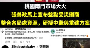 桃園南門市場大火，張善政第一時間就宣布處置方向

但在青鳥的異想世界中，市長應該是拿著滅火器去現場救火。

提醒一下，火...