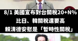 目前瑞士跟美國達成協議，39% 關稅大幅下調至 15%。

啊8/1賴清德聲稱20+N%的關稅是「暫時性關稅」，這個暫時...