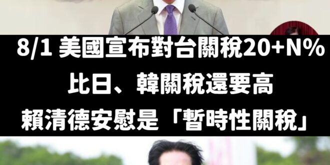 目前瑞士跟美國達成協議，39% 關稅大幅下調至 15%。

啊8/1賴清德聲稱20+N%的關稅是「暫時性關稅」，這個暫時…