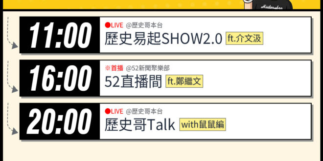 【12/11(四)歷史哥李易修忙什麼？】

 11:00 【歷史易起SHOW2.0 ｜國際事務專家 介文汲】


16:…