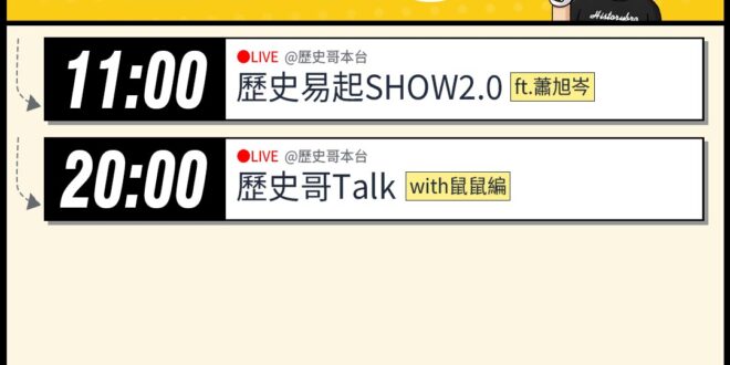 【12/15(一)歷史哥李易修忙什麼？】
​
 11:00 【歷史易起SHOW2.0直播 │國民黨副主席 蕭旭岑】
 
…