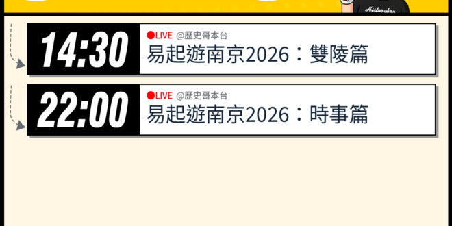【2/28(六)歷史哥李易修忙什麼？】

14:30 【易起遊南京2026 DAY3：雙陵篇】


22:00【易起遊南…