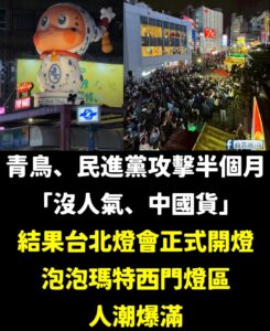 民進黨跟青鳥嘴了半個月的台北燈節有泡泡瑪特，結果反而激出一堆人潮出來。

謝謝最愛玩抖音、看愛奇藝的林楚茵，成功幫泡泡瑪...