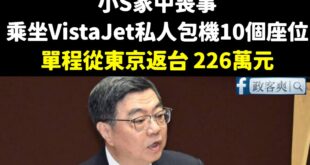 去年2月的新聞，小S接大S骨灰從東京返台，乘坐VistaJet私人包機，「單程226萬元」。

而且該機型只有10個座位...