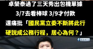 各位觀眾！卓榮泰是苗澤東認證的沒智商

卓榮泰痛罵國民黨將他看棒球硬說是公務行程，不對啊，這些不都是民進黨立委、苗博雅、...