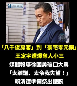 非常不能接受民進黨賴清德、徐國勇想懲處王定宇，王定宇根本是台灣年輕人勵志的榜樣！

從台北市「八千俊房客」到「豪宅零元購...