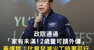 黃偉哲表示，這項政策比起台北市「育兒減少工時」，提供更多元彈性選擇，具體可行。

【政院通過「家有未滿12歲童可請外傭」...