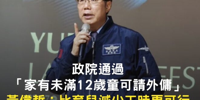 黃偉哲表示，這項政策比起台北市「育兒減少工時」，提供更多元彈性選擇，具體可行。

【政院通過「家有未滿12歲童可請外傭」...