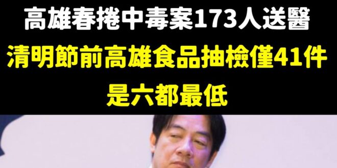 賴清德是不是很怕之後陳其邁接行政院長？

高雄發生173人送醫的春捲中毒案，被發現清明節前抽檢食品僅41件，是六都最少。...