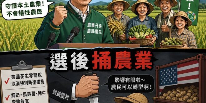 還在騙！
選前挺農業
選後捅農業
選前農業政府來作伴
選後農業自己看著辦

當初口口聲聲說要照顧農民、守護本土農業
如今…