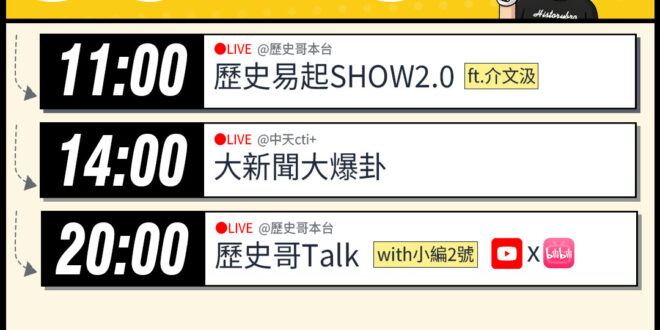 【5/28(四)歷史哥李易修忙什麼？】

 11:00 【歷史易起SHOW2.0｜國際事務專家 介文汲】


14:00…