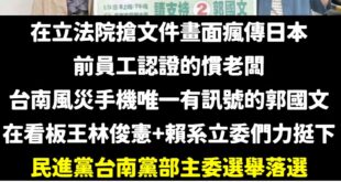恭喜立法院強盜、前員工認證的慣老闆、台南風災手機唯一有訊號的郭國文，在民進黨台南黨部主委選舉落選。

不出意外的話，馬上...