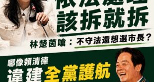 李四川1/8家族鐵皮屋涉違建，馬上表示「依法處理該拆就拆」
林楚茵嗆「不守法還想選市長？」

但「賴著不拆都可以選總統」...