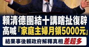 賴清德團結十講的瞎扯功力又來了，狂嗨鬼叫說「家庭主婦月領5000元」，結果事後解釋其實是「65歲以上國民年金加951元」...