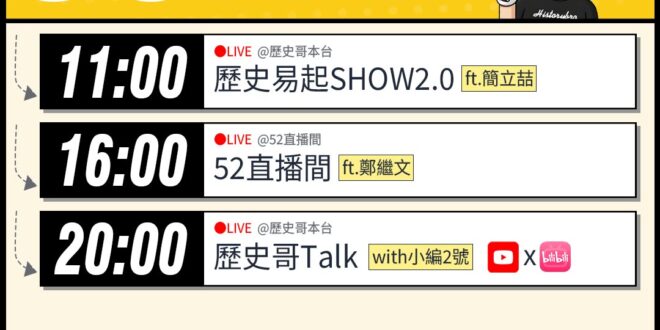 【6/11(四)歷史哥李易修忙什麼？】

 11:00 【歷史易起SHOW2.0｜資深媒體人 簡立喆】


16:00【…
