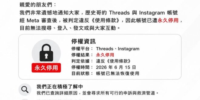 【重要公告｜歷史哥 Threads 與 Instagram 帳號遭永久停用】

各位朋友大家好：
我們收到 Meta 通…