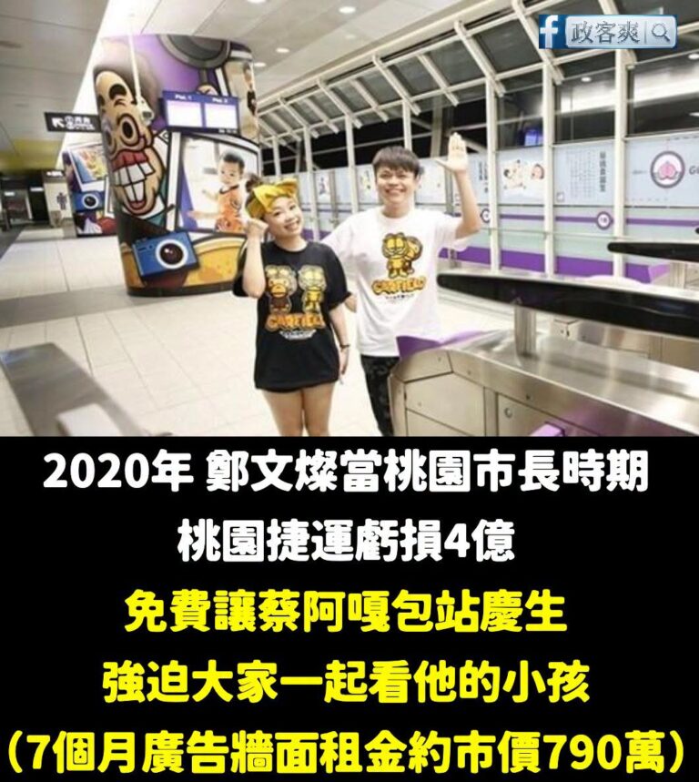 最近蔡阿嘎罵大家是中共同路人被炎上，讓人想起桃園捷運曾經都是他小孩的包站宣傳

過去鄭文燦當桃園市長時期桃捷虧損四億，讓...