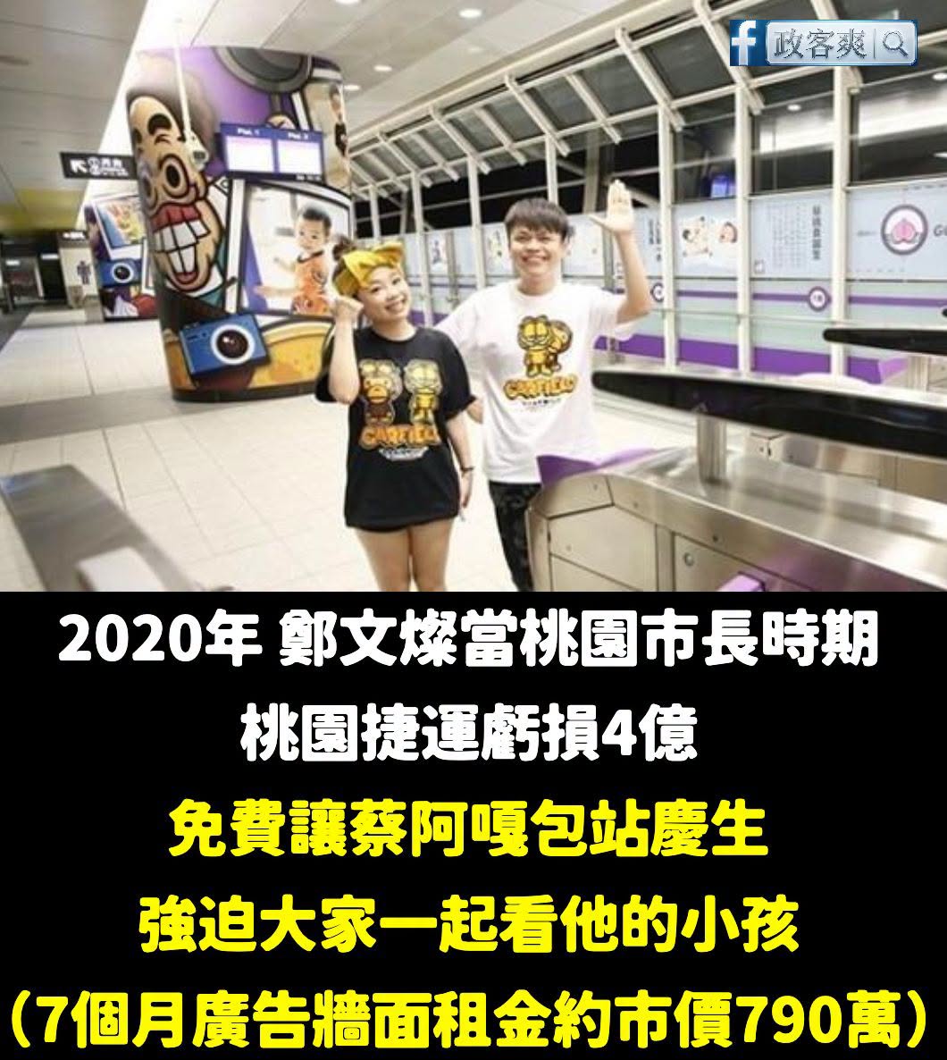 最近蔡阿嘎罵大家是中共同路人被炎上，讓人想起桃園捷運曾經都是他小孩的包站宣傳

過去鄭文燦當桃園市長時期桃捷虧損四億，讓...