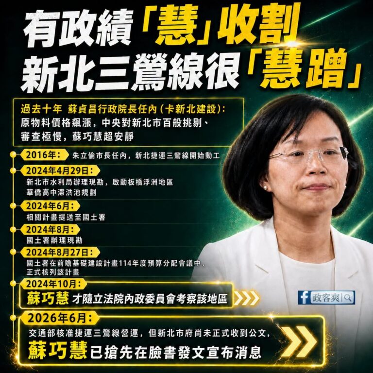 有政績 「慧」收割 新北三鶯線很「慧蹭」

根據江怡臻議員跟國民黨新北黨團的整理時間序，可以很快發現，蘇巧慧在新北三鶯線...