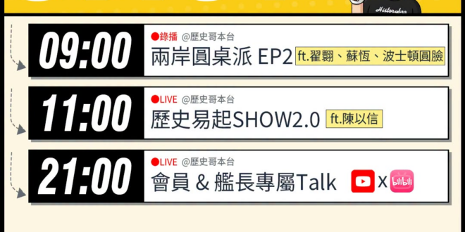 【7/1(三)歷史哥李易修忙什麼？】

09:00【兩岸圓桌派｜翟翾、蘇恆、波士頓圓臉、李易修 ｜EP2】


 11:…