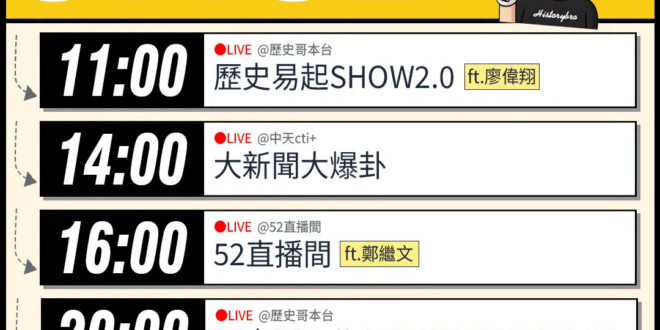 【7/2(四)歷史哥李易修忙什麼？】

 11:00 【歷史易起SHOW2.0｜立法委員 廖偉翔】


14:00 【中…