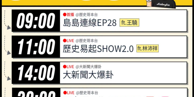 【7/9(四)歷史哥李易修忙什麼？】

09:00【島島連線 EP28｜王驍、李易修】


 11:00 【歷史易起SH…