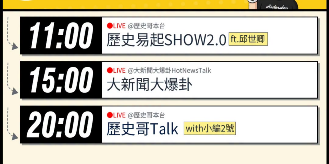 【7/21(二)歷史哥李易修忙什麼？】

 11:00 【歷史易起SHOW2.0｜軍事評論員 邱世卿】


15:00 …