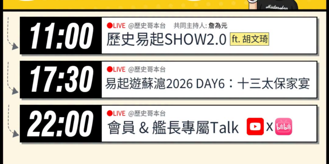 【7/15(三)歷史哥李易修忙什麼？】

 11:00 【歷史易起SHOW2.0 ｜共同主持 詹為元｜親民黨發言人 胡文…