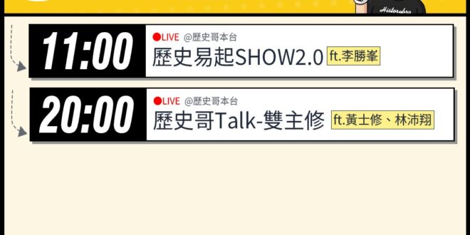 【7/24(五)歷史哥李易修忙什麼？】

 11:00 【歷史易起SHOW2.0｜前立法委員 李勝峯】


20:00【…