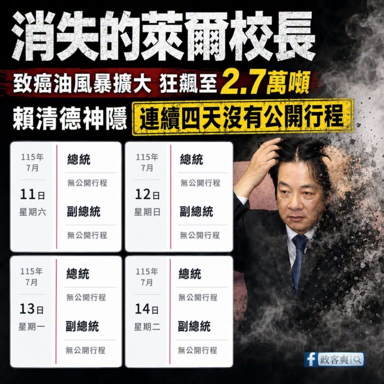 7/6賴清德回應過後，在面對食安問題時就整個人消失了。

現在致癌油風暴持續擴大，很多知名餐廳、賣場、便利商店都一堆中標...