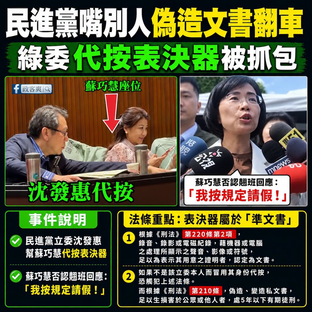 民進黨嘴別人偽造文書之前，要不要先解釋一下上週綠委沈發惠幫蘇巧慧代按表決器？

是這樣，立委要表決之前要有本人在場簽到拿...