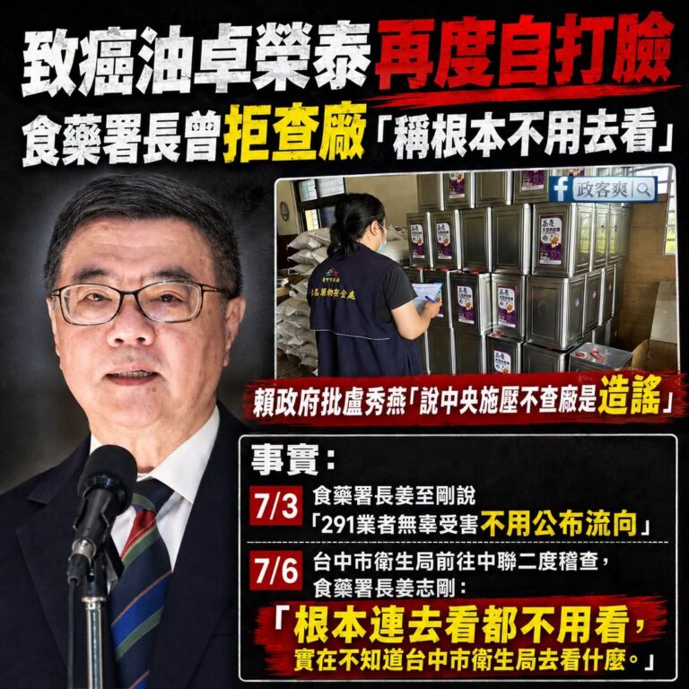 賴政府、卓榮泰有時間鬥蔣萬安跟盧秀燕，沒時間好好去把致癌油流向搞清楚

衛福部曾拒絕陪同台中市政府去查廠？答案是：真的。...