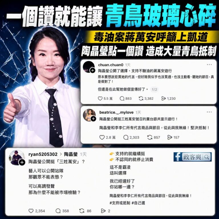 陶晶瑩點個讚，就讓青鳥玻璃心碎了

整天像個小朋友在跟人切八段，大概是世界上最幼稚的群體

這樣好了，2024年12月我...