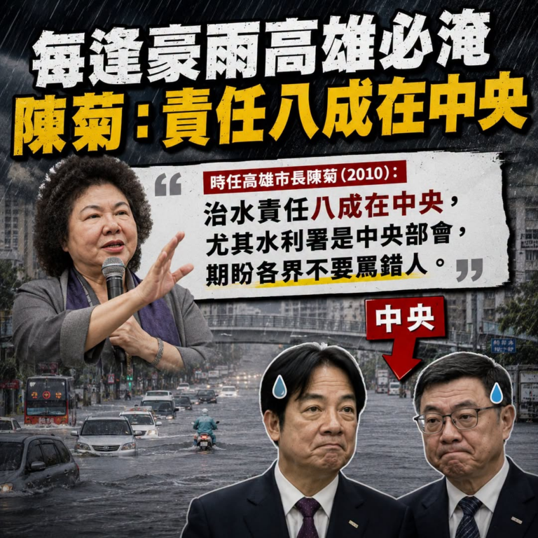 2010陳菊：
「淹水責任八成在中央，期盼各界不要罵高雄人。」
​
2026卓榮泰：
「在野刪預算，電話打不出去無法救災...