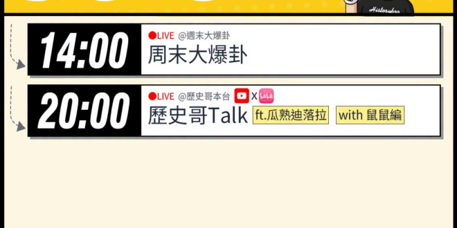 【8/2(日)歷史哥李易修忙什麼？】

14:00 【中天直播：周末大爆卦】


20:00【歷史哥Talk｜華文圈知識…