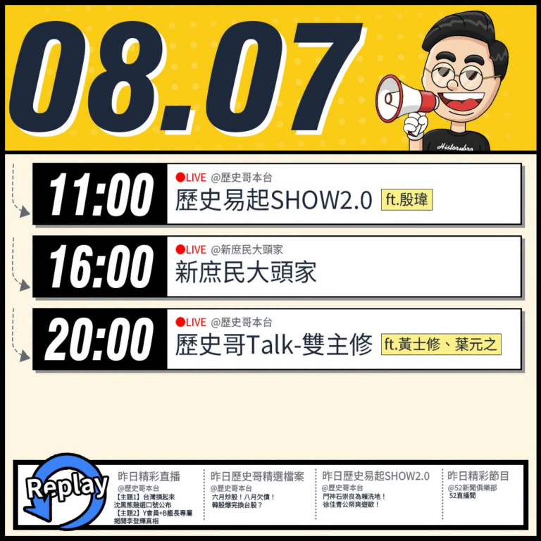 【8/7(五)歷史哥李易修忙什麼？】

 11:00 【歷史易起SHOW2.0｜北市研考會主委 殷瑋】


16:00 …