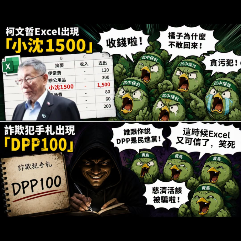 【雙標仔青鳥】
​
在野黨的 Excel：
「小沈1500」
→ 犯罪金流！抓人啦！
​
詐騙犯的 Excel：
「DP…