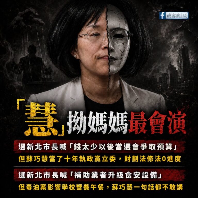 「慧」拗媽媽蘇巧慧最會演，若民進黨持續執政，她真的有種幫新北人講話嗎？

答案是：沒有一點可能。

最近蘇巧慧說新北分的...